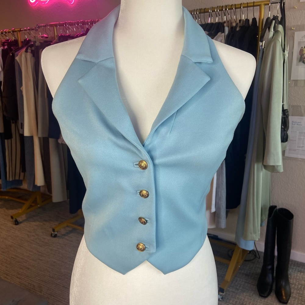 Alice & Olivia Sky Blue Vest with Gold Accents